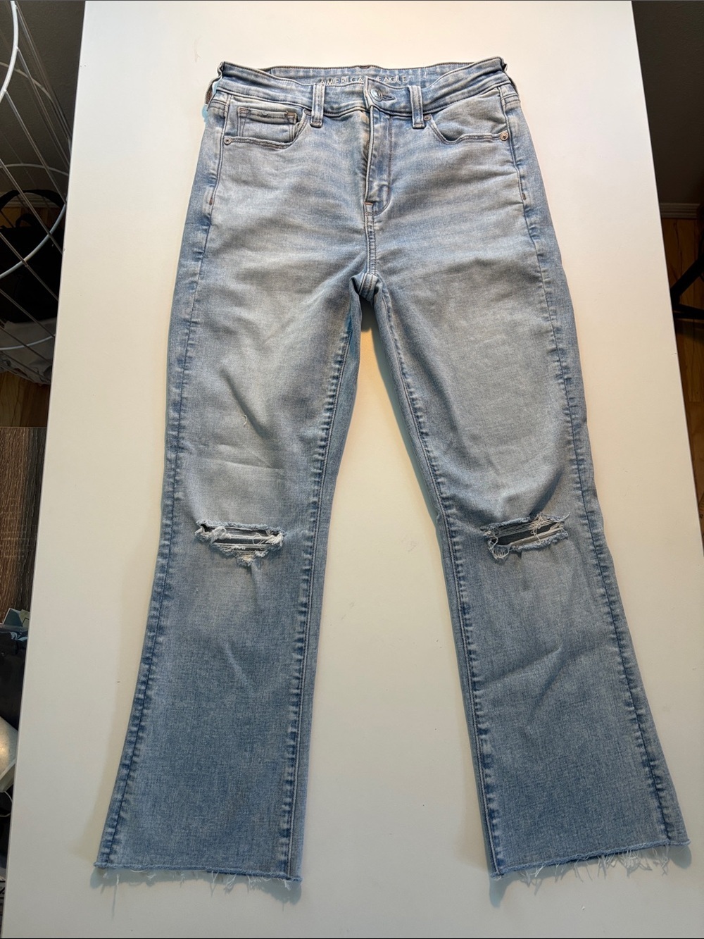 American Eagle Outfitters Light Wash Distressed Wide-Leg Jeans -533sku